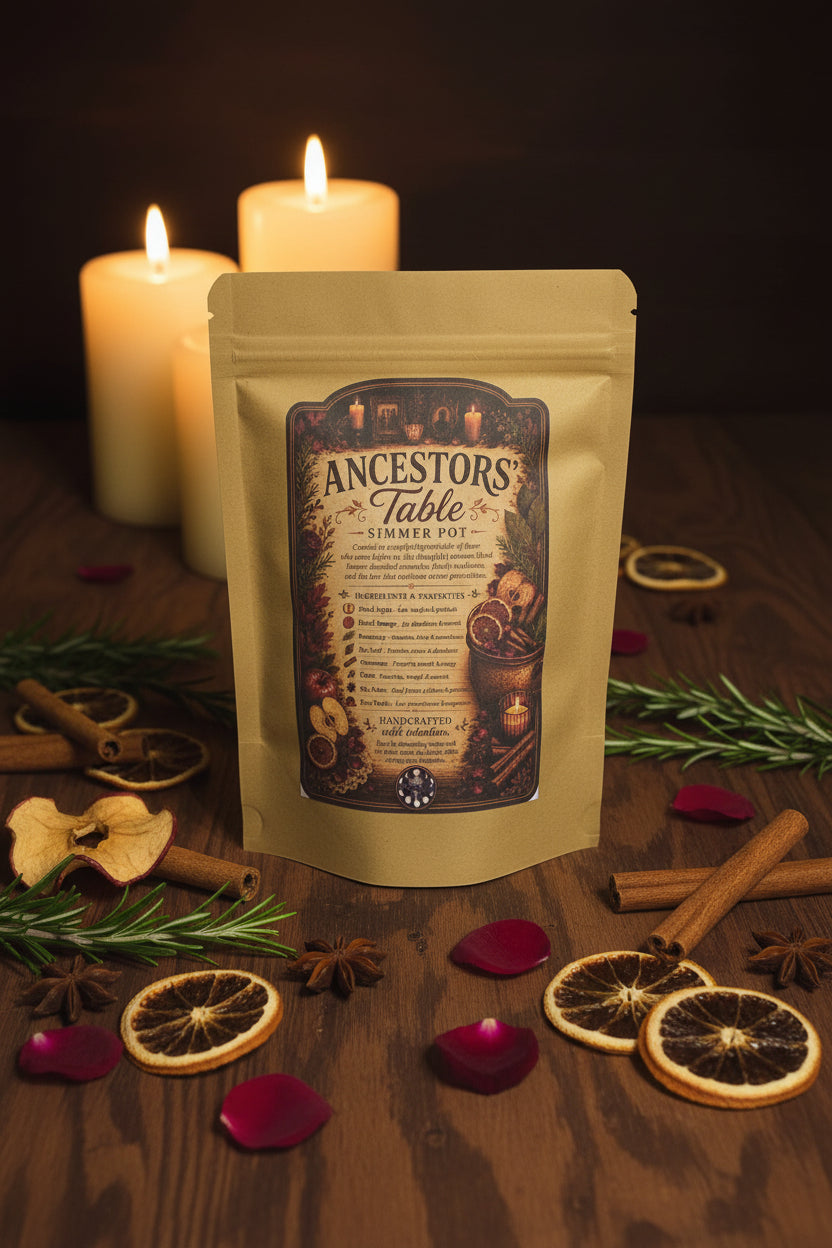 Clear 1.5 oz pouch of RiverSide Gypsy Ancestor's Table botanical simmer pot blend