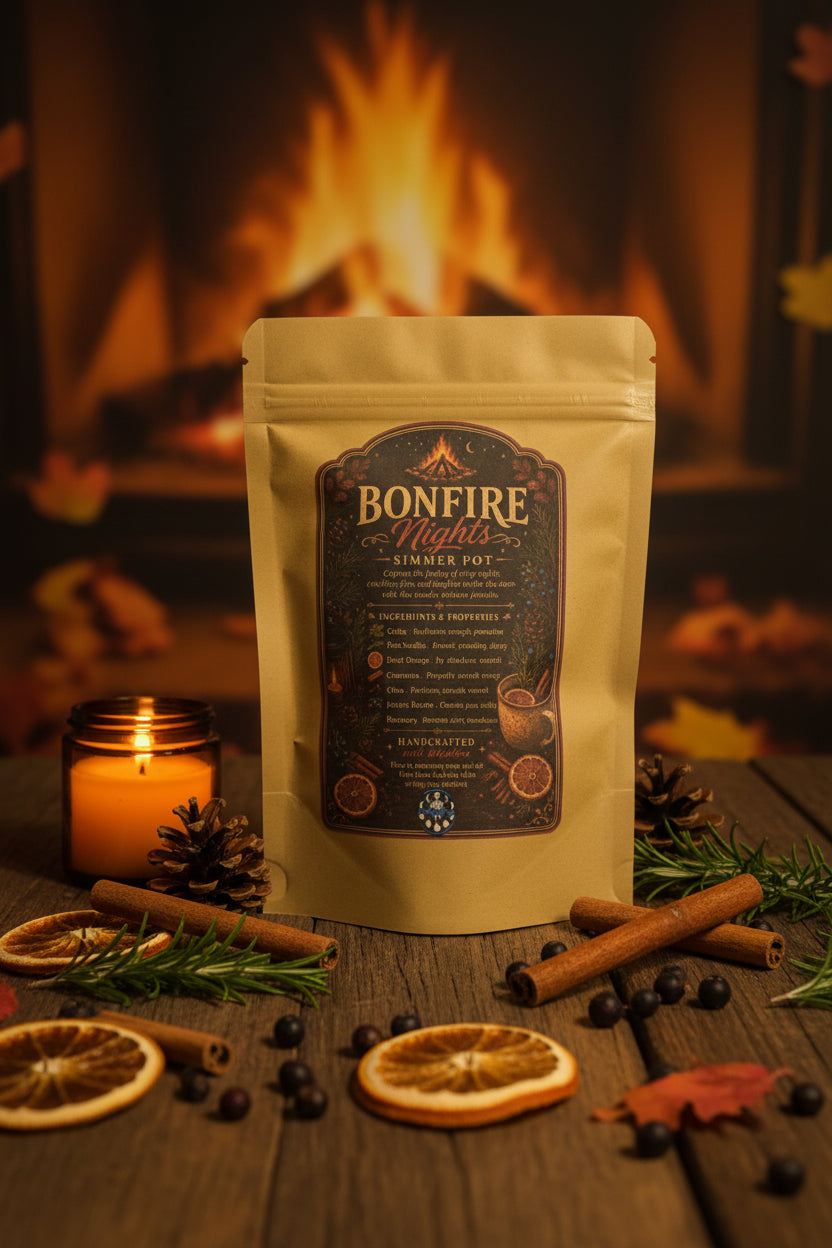 Clear 1.5 oz pouch of RiverSide Gypsy Bonfire Nights botanical simmer pot blend