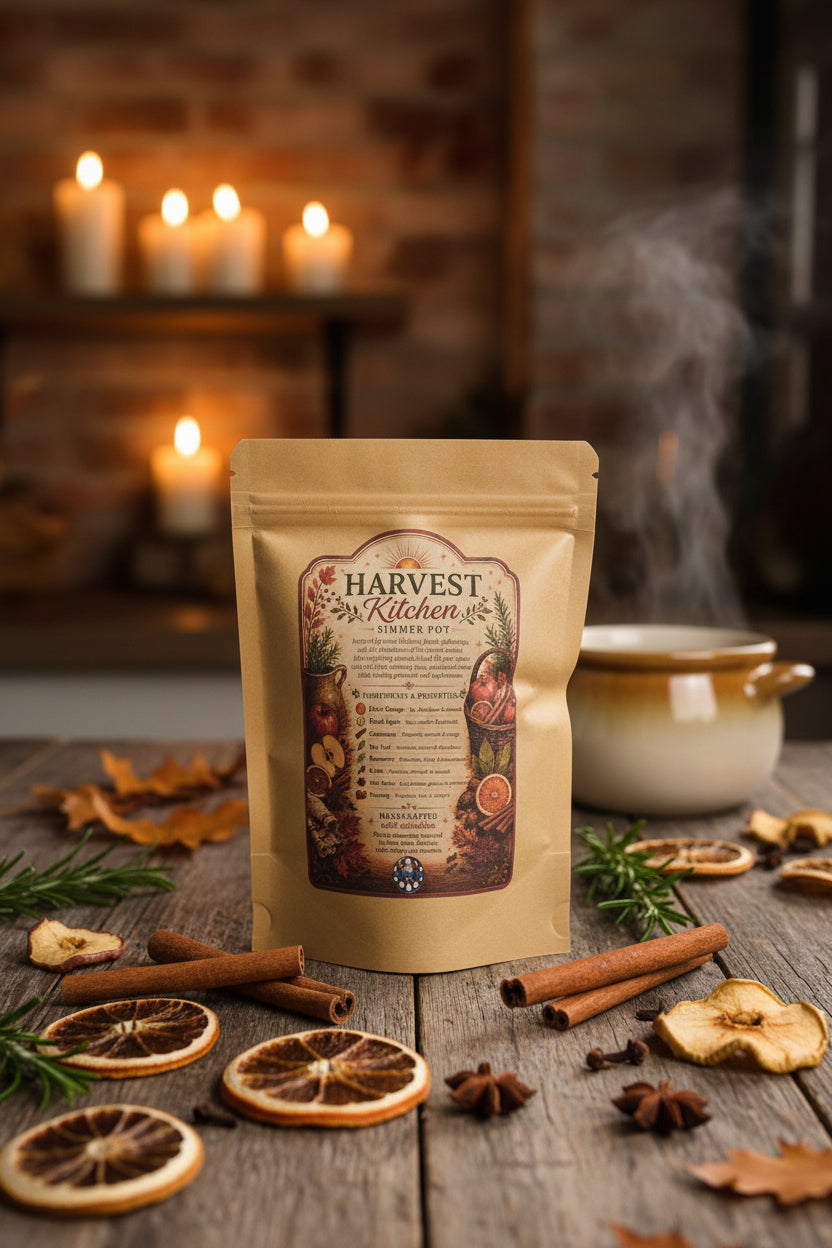 Clear 1.5 oz pouch of RiverSide Gypsy Harvest Kitchen botanical simmer pot blend