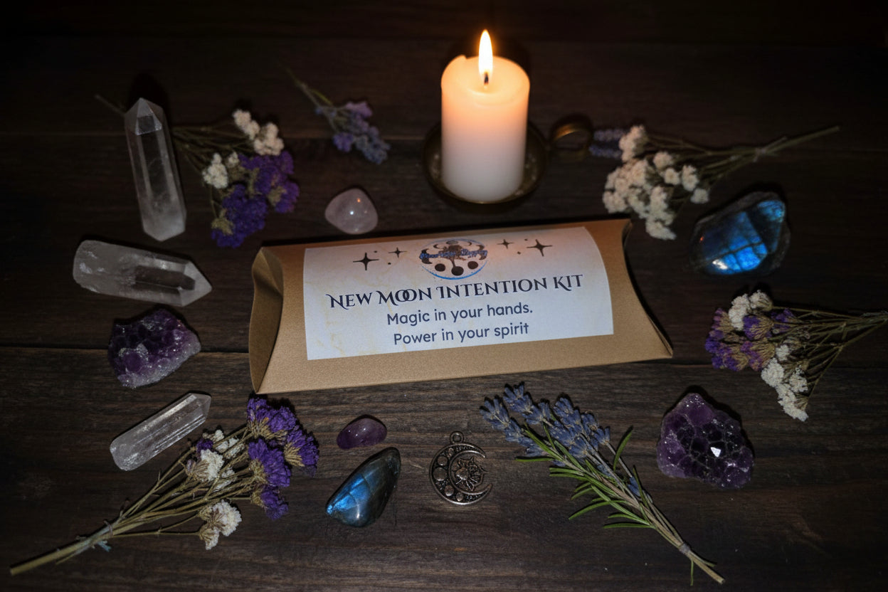 New Moon Intention Ritual Kit with Labradorite and Clear Quartz, black or dark blue candle and printed ritual scroll by RiverSide Gypsy