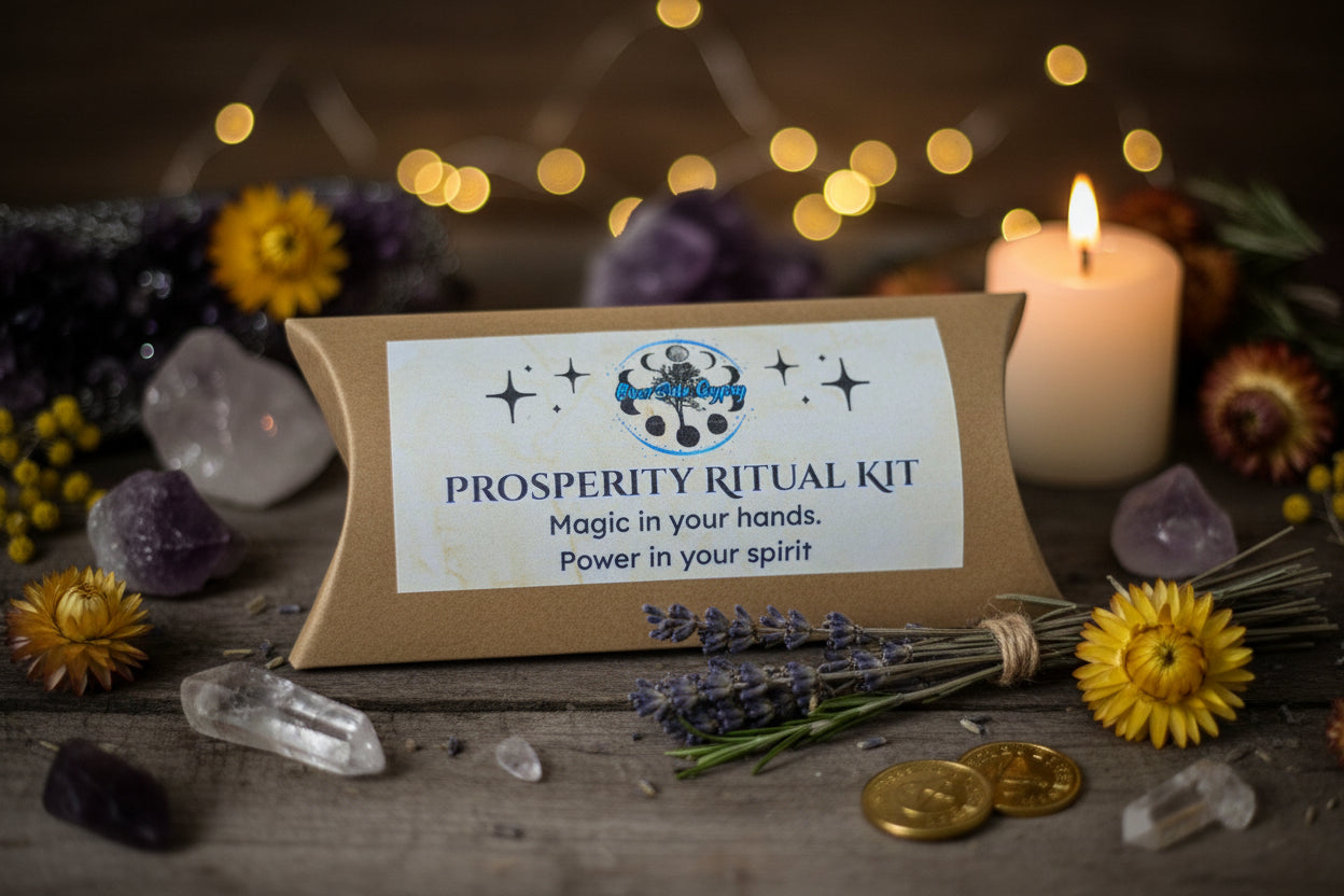 Prosperity Ritual Kit with Citrine and Green Aventurine, green candle and printed ritual scroll by RiverSide Gypsy