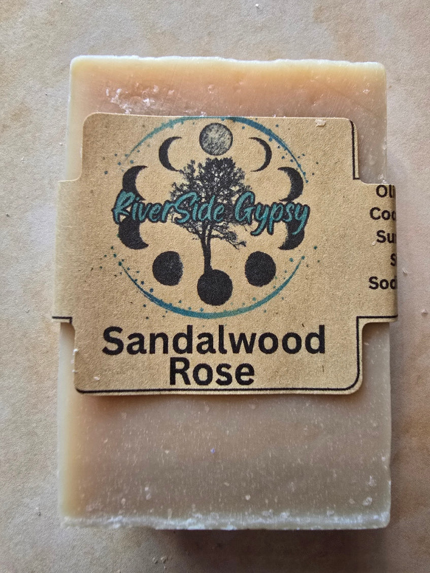 Sandalwood Rose exfoliating soap bar with RiverSide Gypsy label