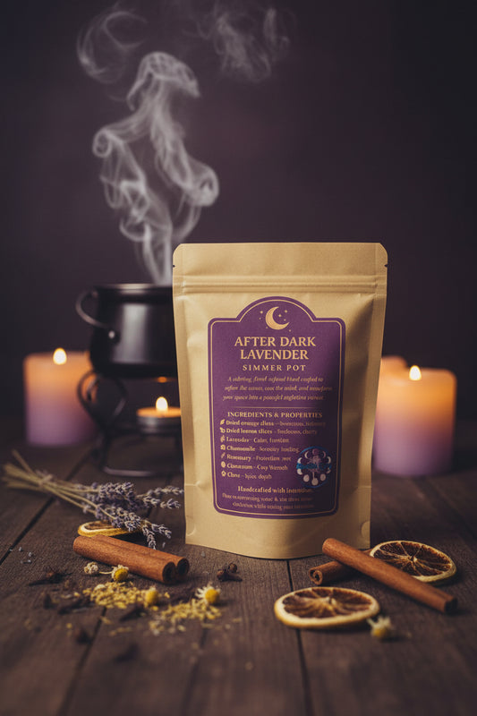Clear 1.5 oz pouch of RiverSide Gypsy After Dark Lavender botanical simmer pot blend