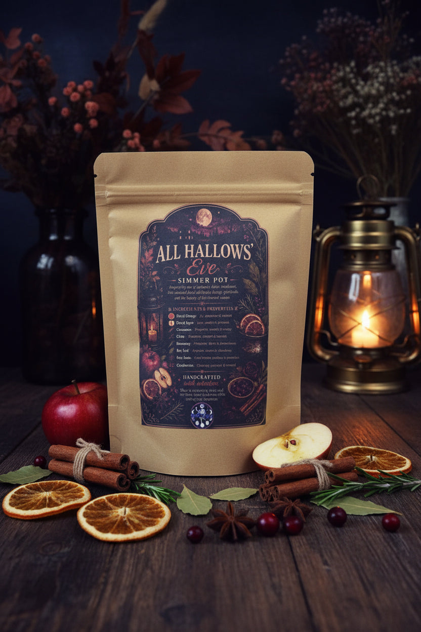 Clear 1.5 oz pouch of RiverSide Gypsy All Hallows' Eve botanical simmer pot blend