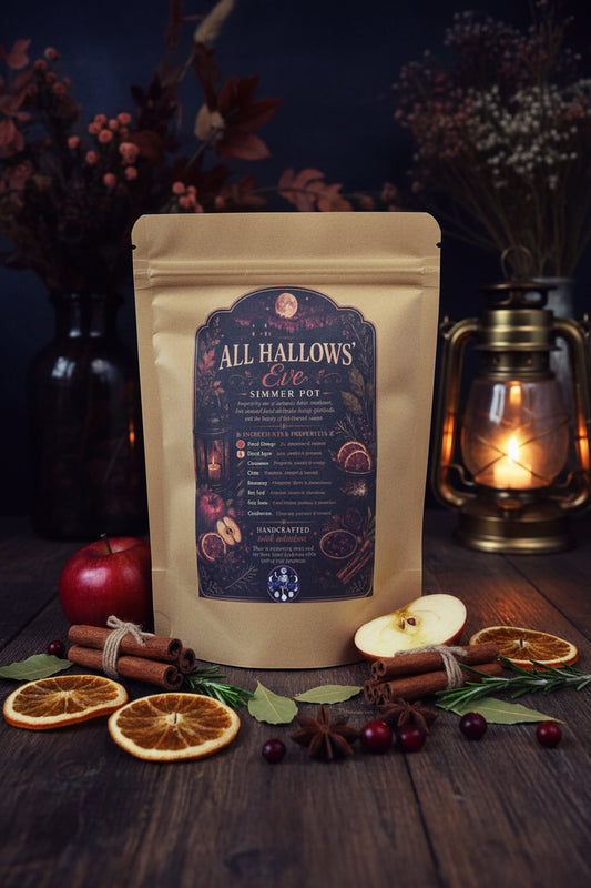 Clear 1.5 oz pouch of RiverSide Gypsy All Hallows' Eve botanical simmer pot blend