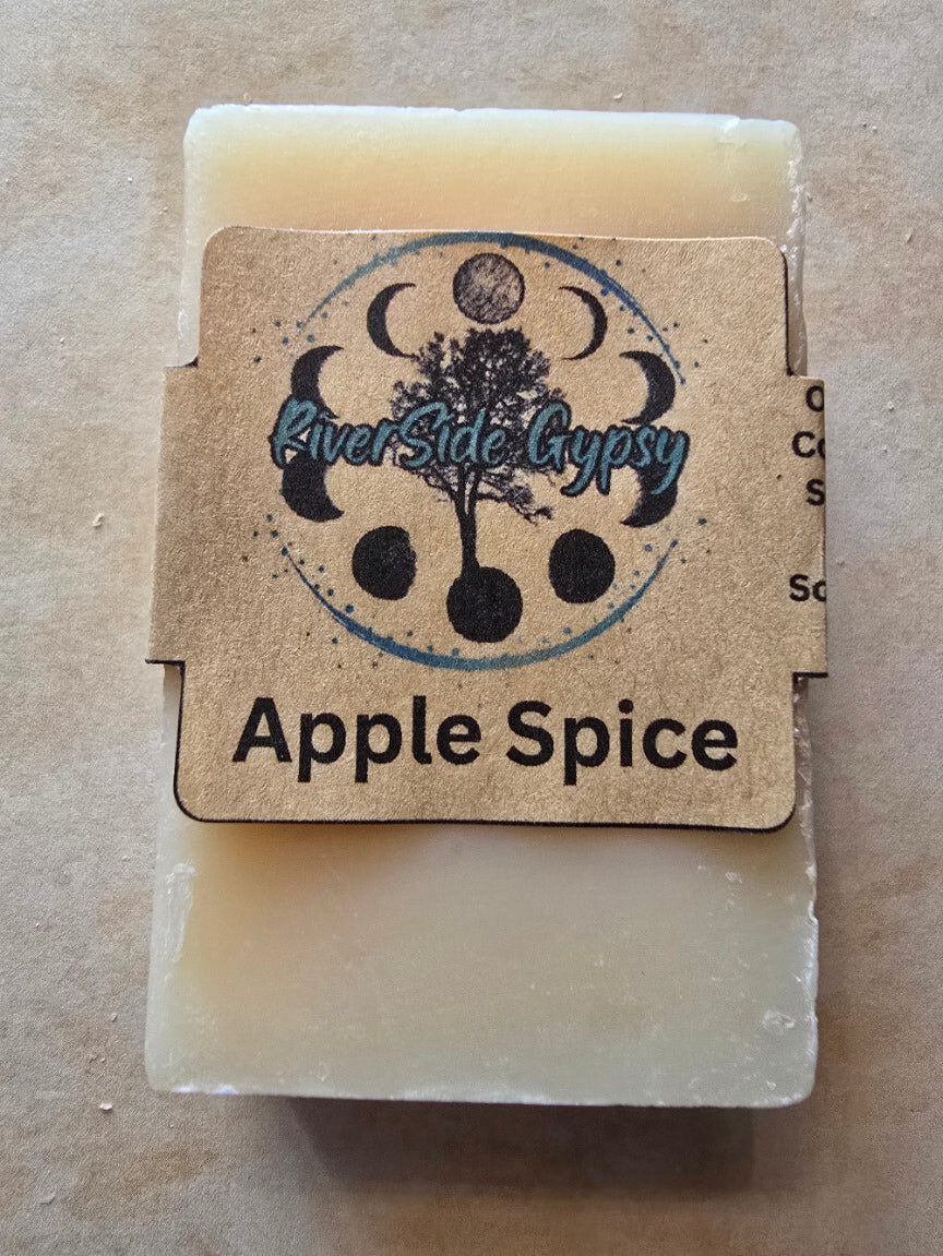 Apple Spice cold process soap bar with RiverSide Gypsy label