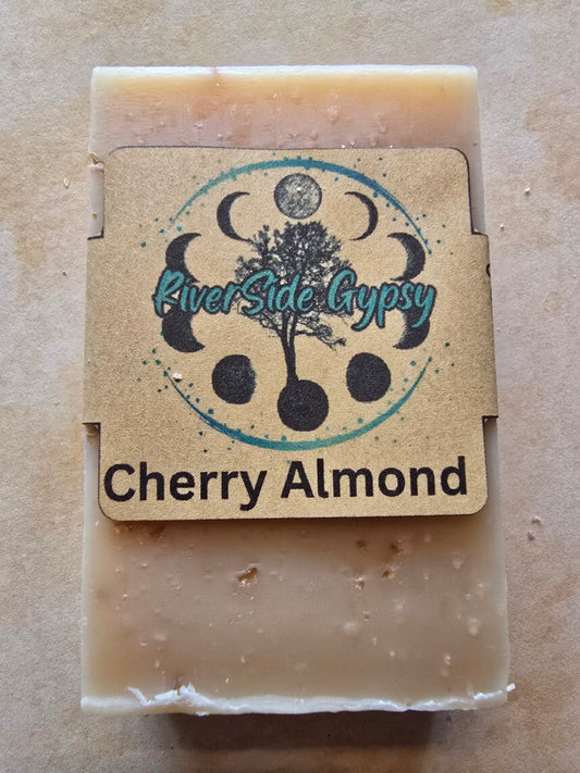 Cherry Almond exfoliating soap bar with RiverSide Gypsy label