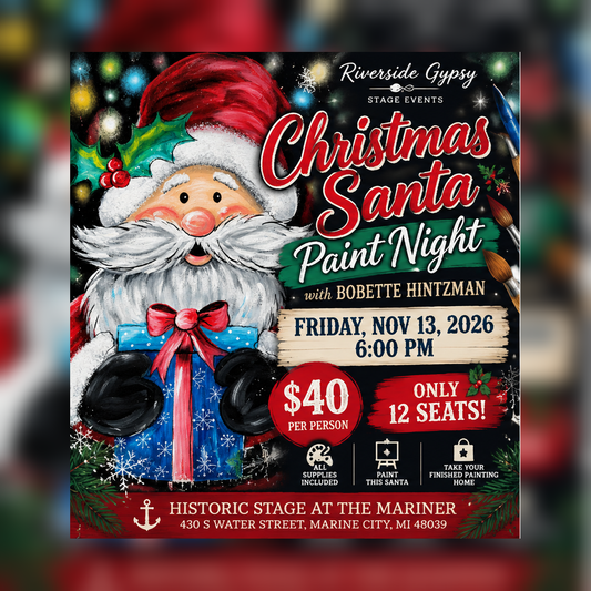 Santa Christmas canvas painting for Bobette Hintzman's November 13 paint night at The Mariner in Marine City Michigan.