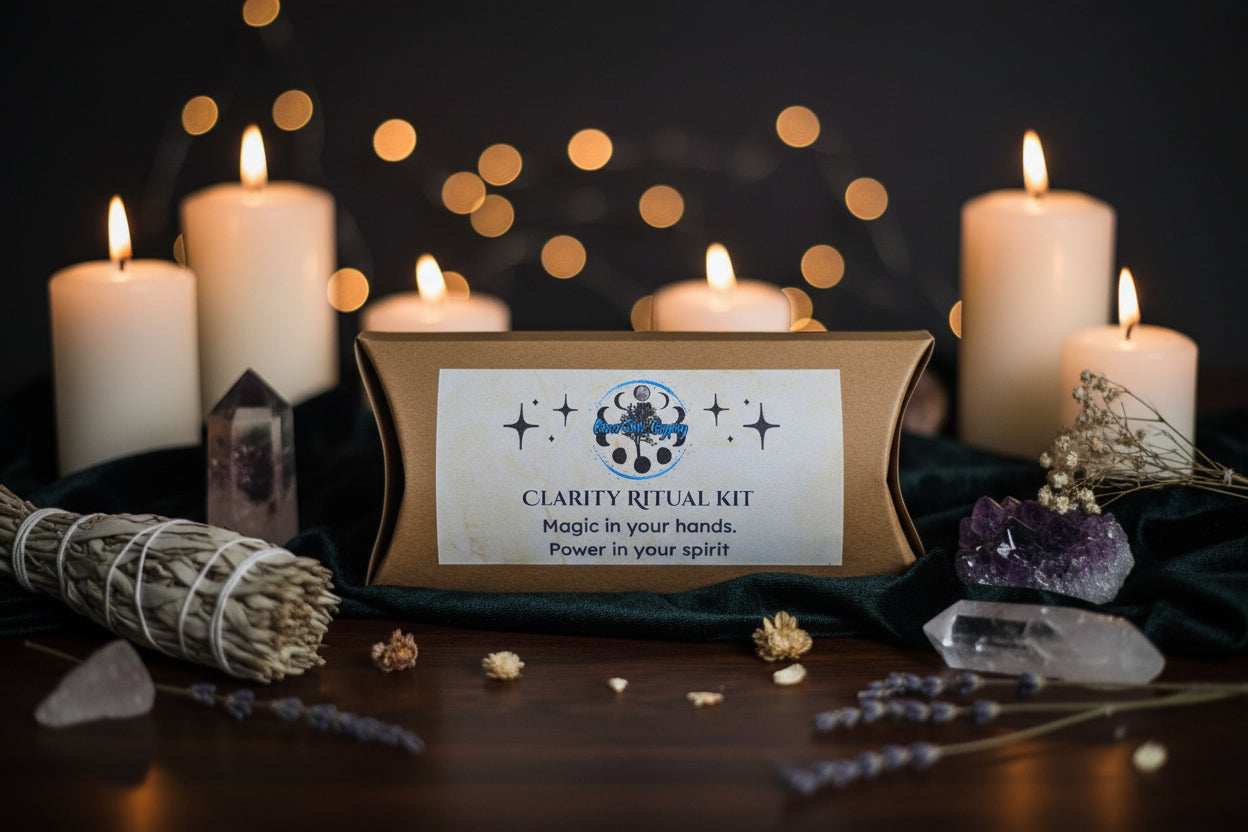 Clarity Ritual Kit with Fluorite and Clear Quartz, sky blue candle and printed ritual scroll by RiverSide Gypsy