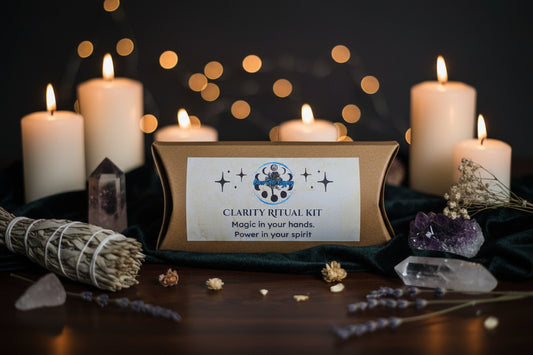 Clarity Ritual Kit with Fluorite and Clear Quartz, sky blue candle and printed ritual scroll by RiverSide Gypsy