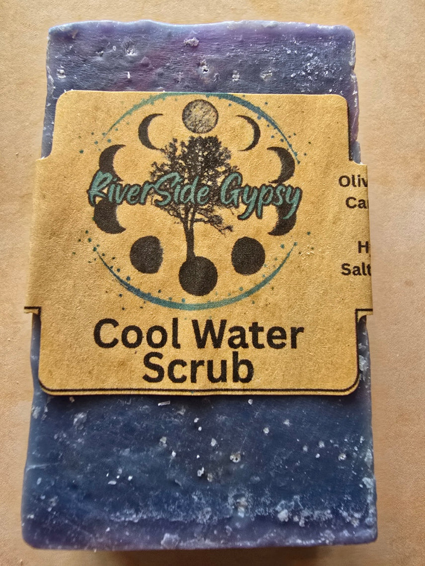 Cool Water Scrub exfoliating soap bar with RiverSide Gypsy label