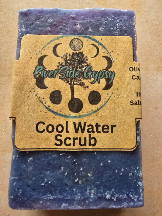 Cool Water Scrub exfoliating soap bar with RiverSide Gypsy label