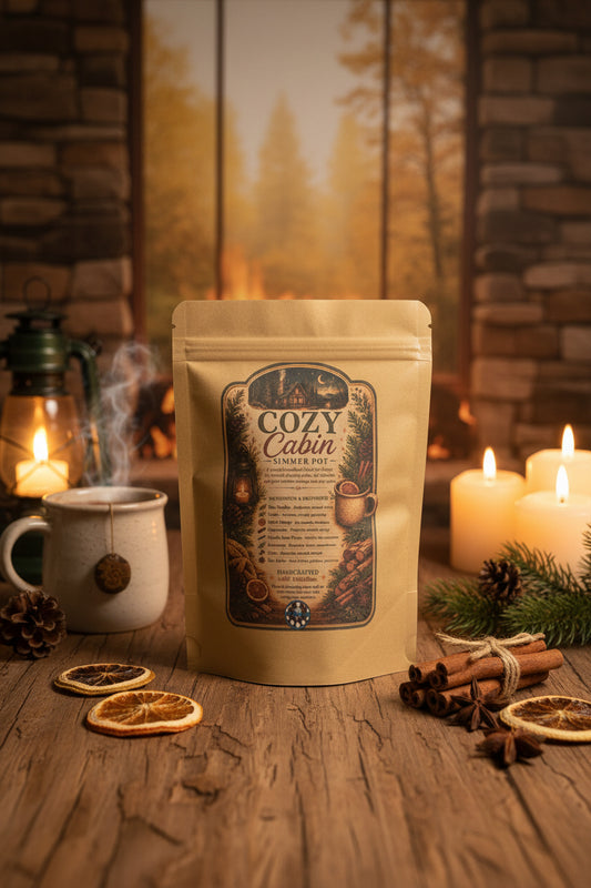 Clear 1.5 oz pouch of RiverSide Gypsy Cozy Cabin botanical simmer pot blend