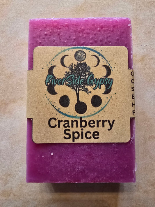 Cranberry Spice cold process soap bar with RiverSide Gypsy label