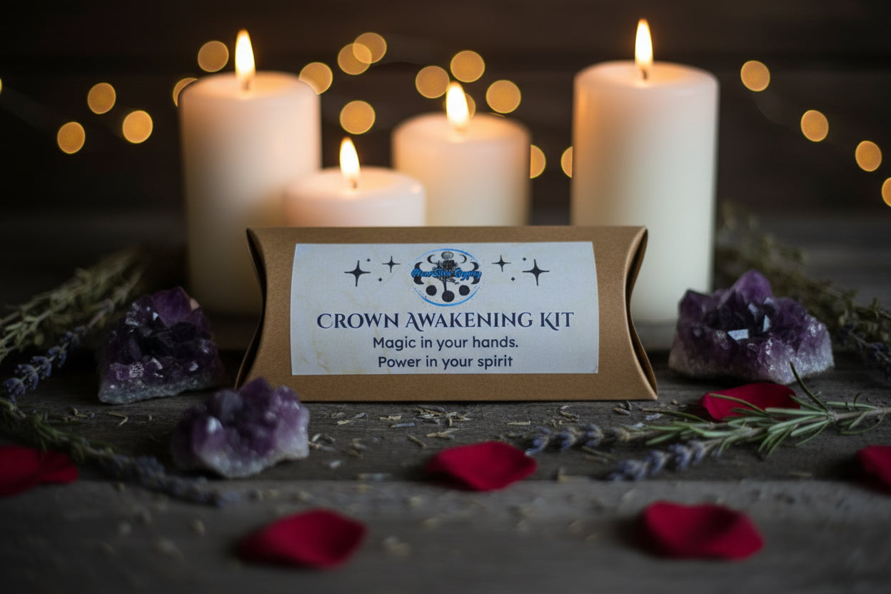 Crown Awakening Ritual Kit with Amethyst and Selenite, violet or white candle and printed ritual scroll by RiverSide Gypsy