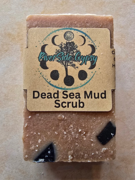 Dead Sea Mud Scrub soap bar with charcoal, clay and RiverSide Gypsy label