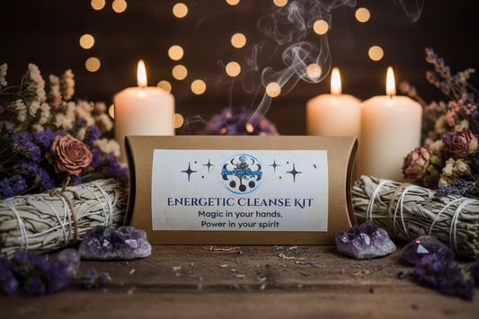 Energetic Cleanse Ritual Kit with Selenite and Clear Quartz, white candle and printed ritual scroll by RiverSide Gypsy