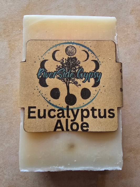 Eucalyptus Aloe cold process soap bar with RiverSide Gypsy label