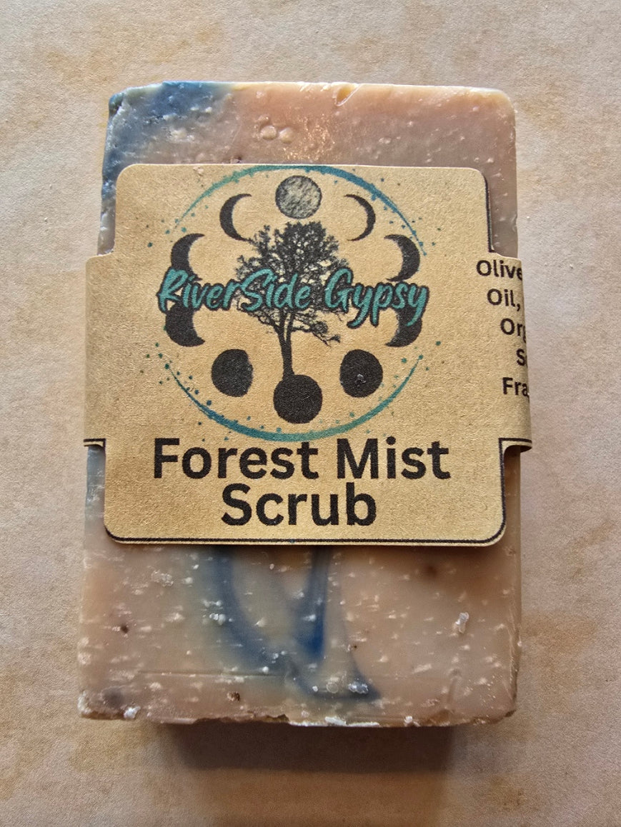 Forest Mist Scrub cold process soap bar with RiverSide Gypsy label