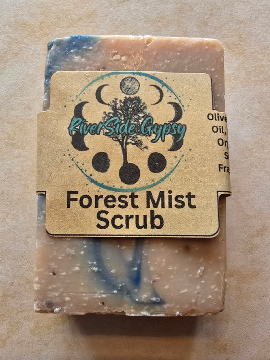 Forest Mist Scrub cold process soap bar with RiverSide Gypsy label