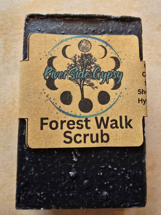 Forest Walk Scrub activated charcoal soap bar with RiverSide Gypsy label