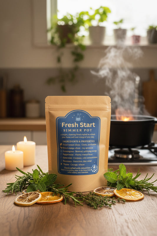 Clear 1.5 oz pouch of RiverSide Gypsy Fresh Start botanical simmer pot blend