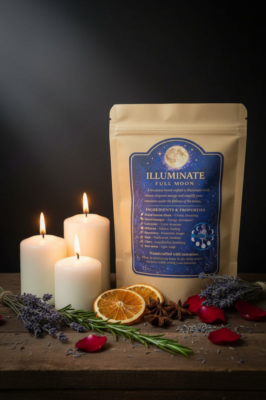 Clear 1.5 oz pouch of RiverSide Gypsy Full Moon Illuminate botanical simmer pot blend