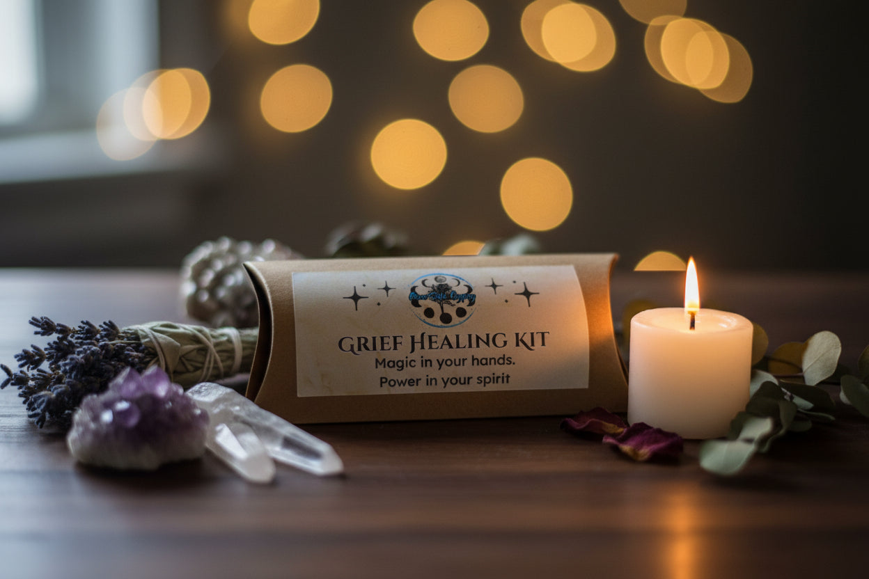 Grief Healing Ritual Kit with Lepidolite and Amethyst, white or purple candle and printed ritual scroll by RiverSide Gypsy