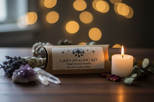 Grief Healing Ritual Kit with Lepidolite and Amethyst, white or purple candle and printed ritual scroll by RiverSide Gypsy