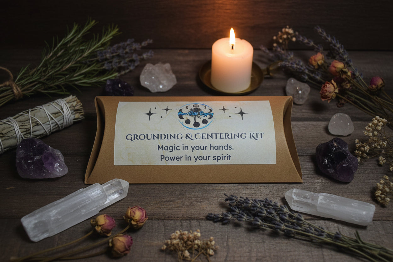 Grounding & Centering Ritual Kit with Hematite and Red Jasper, brown or red candle and printed ritual scroll by RiverSide Gypsy