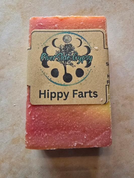 Hippy Farts fruity cold process soap bar with RiverSide Gypsy label