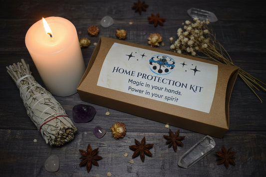 Home Protection Ritual Kit with Smoky Quartz and Labradorite, gray candle and printed ritual scroll by RiverSide Gypsy