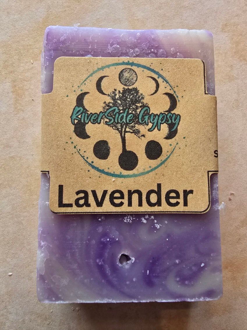 Lavender cold process soap bar with RiverSide Gypsy label