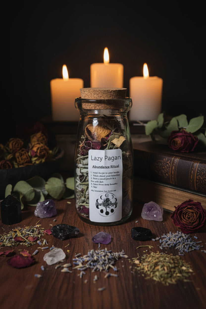 The Lazy Pagan Abundance Quick Spell Jar with cinnamon chips and prosperity botanical blend