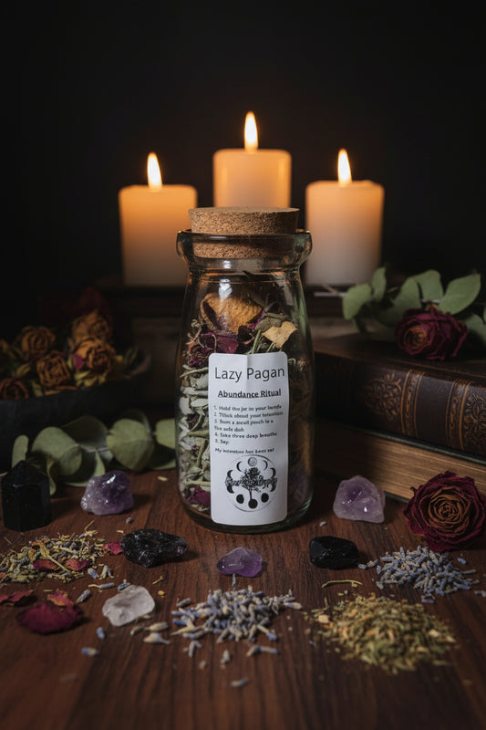 The Lazy Pagan Abundance Quick Spell Jar with cinnamon chips and prosperity botanical blend
