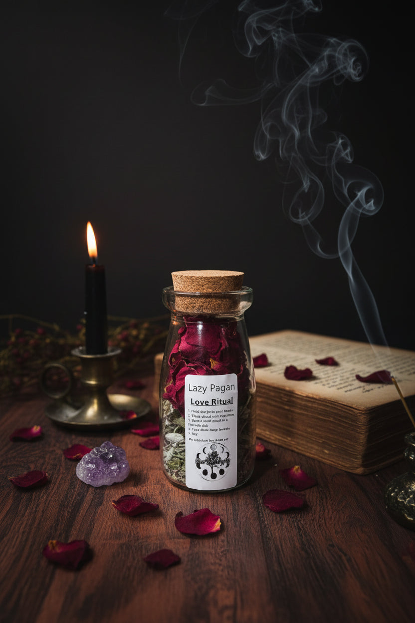 The Lazy Pagan Love Quick Spell Jar with rose petals and Love & Light botanical blend