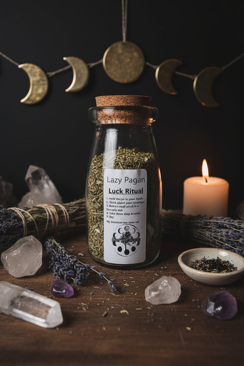 The Lazy Pagan Luck Quick Spell Jar with chamomile-topped botanical ritual blend