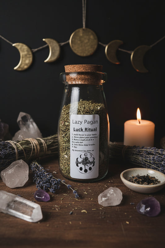 The Lazy Pagan Luck Quick Spell Jar with chamomile-topped botanical ritual blend
