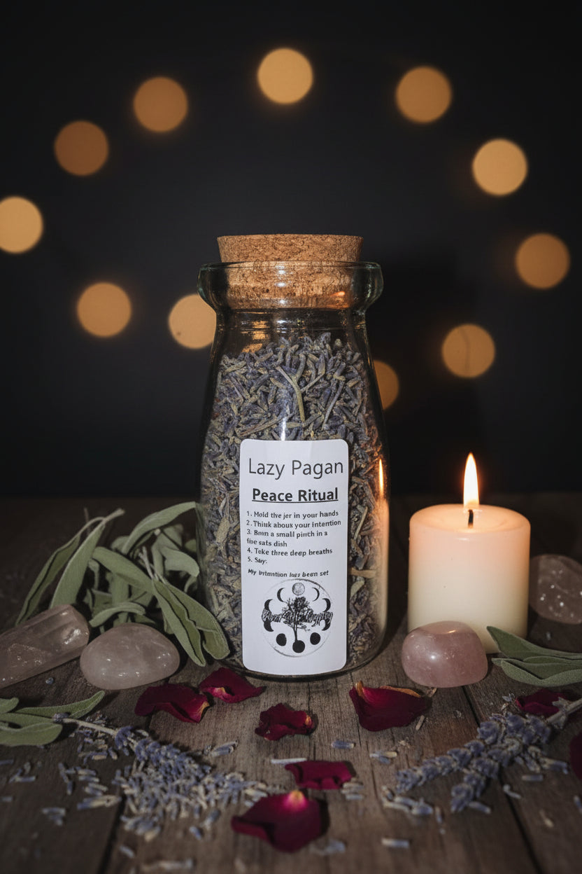 The Lazy Pagan Peace Quick Spell Jar with lavender-topped botanical ritual blend