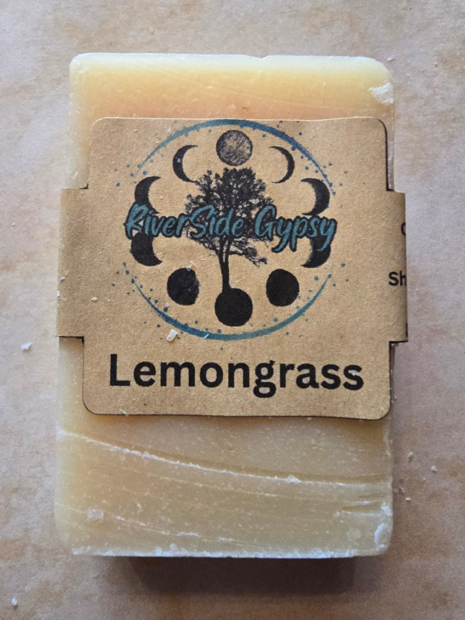 Lemongrass cold process soap bar with RiverSide Gypsy label