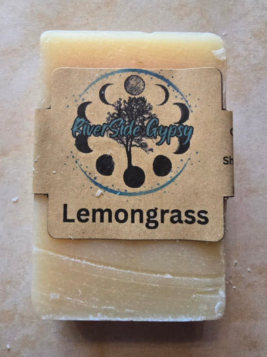 Lemongrass cold process soap bar with RiverSide Gypsy label