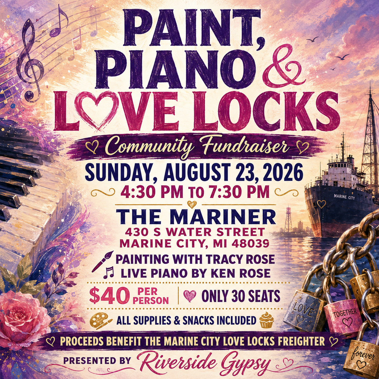 Paint, Piano and Love Locks fundraiser with Tracy Rose and live piano by Ken at The Mariner in Marine City.