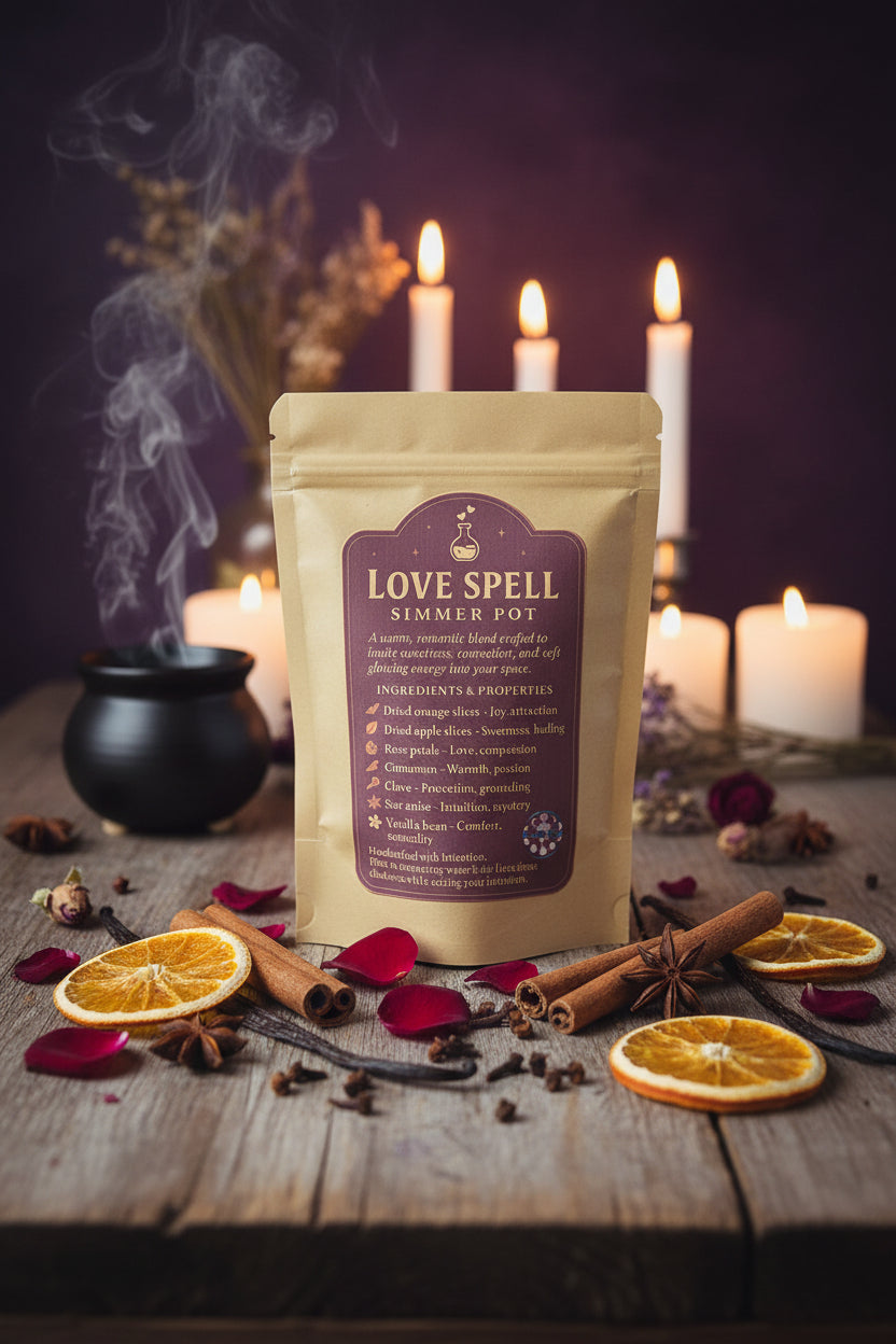 Clear 1.5 oz pouch of RiverSide Gypsy Love Spell botanical simmer pot blend