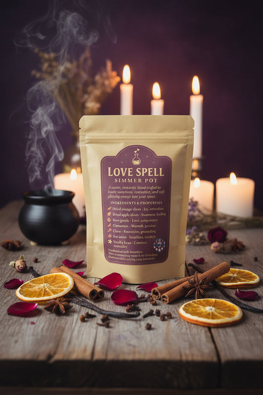 Clear 1.5 oz pouch of RiverSide Gypsy Love Spell botanical simmer pot blend