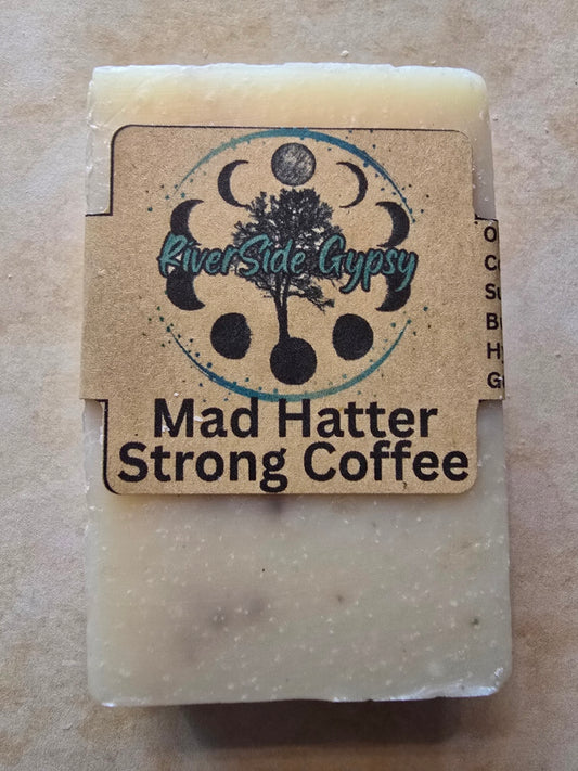 Mad Hatter Strong Coffee exfoliating soap bar with RiverSide Gypsy label