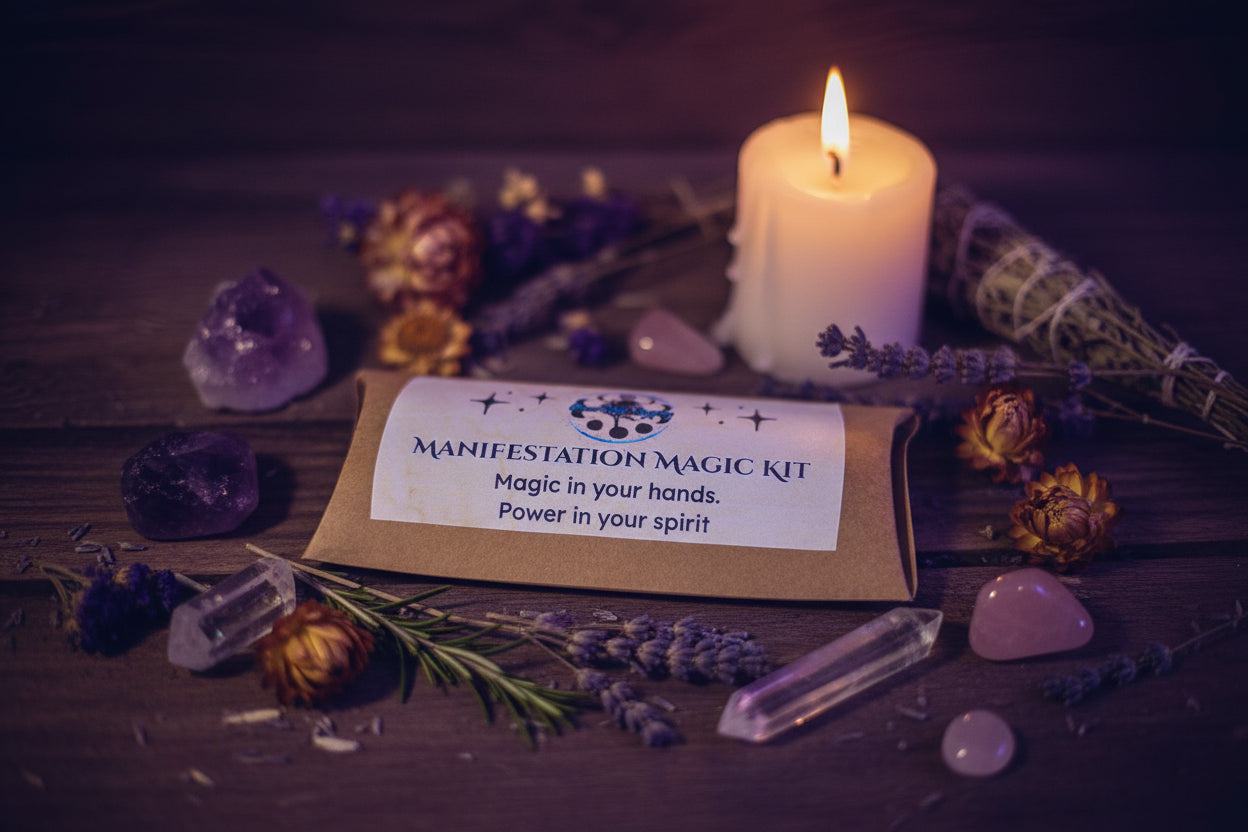 Manifestation Magic Ritual Kit with Clear Quartz and Labradorite, purple candle and printed ritual scroll by RiverSide Gypsy