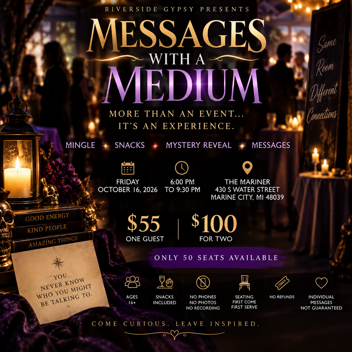 Messages with a Medium spiritual event at The Mariner in Marine City Michigan on October 16, 2026.