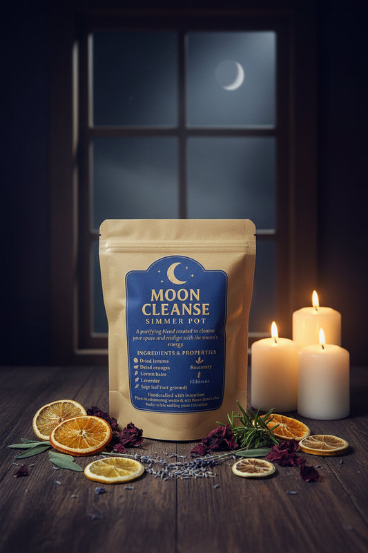 Clear 1.5 oz pouch of RiverSide Gypsy Moon Cleanse botanical simmer pot blend