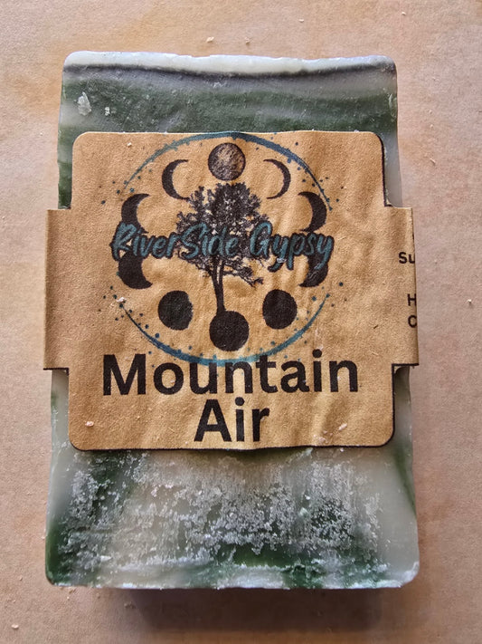 Mountain Air activated charcoal soap bar with RiverSide Gypsy label