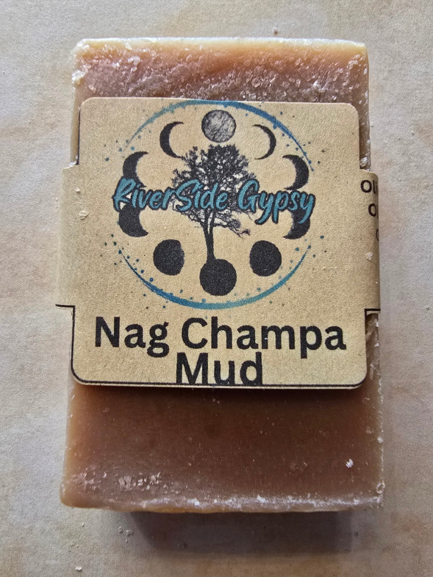 Nag Champa Mud rhassoul clay soap bar with RiverSide Gypsy label